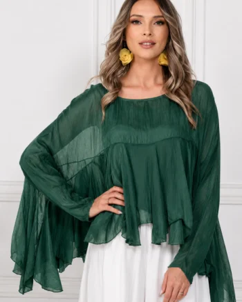 Bluza din matase naturala si vascoza cu volane tip cascada, croi lejer, verde inchis