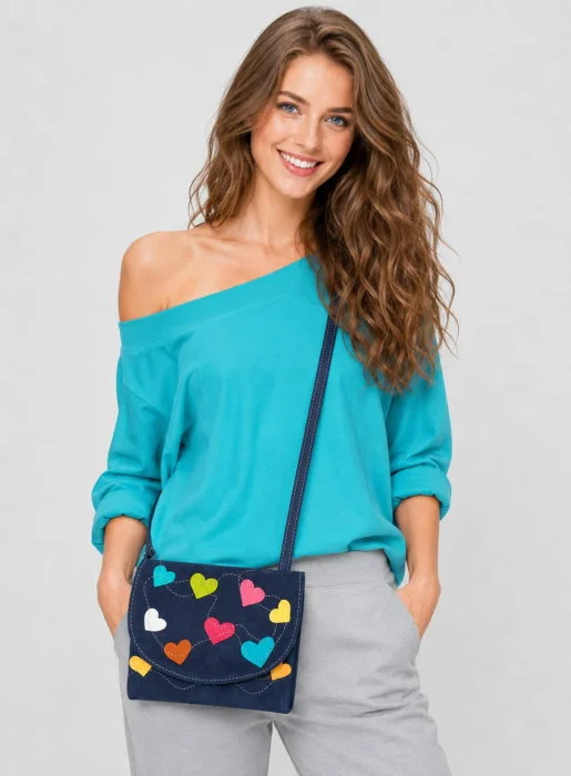 Geanta bleumarin handmade, cu buline colorate  ,din piele naturala intoarsa