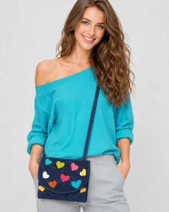 Geanta bleumarin handmade, cu buline colorate  ,din piele naturala intoarsa