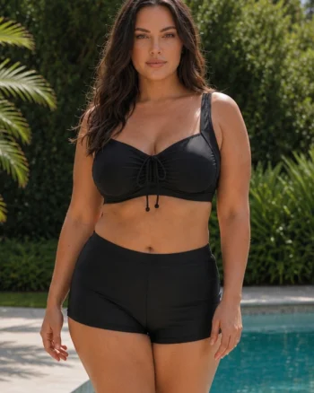 Costum baie dama 2 piese negru, sutien cu snur reglabil si pantaloni scurti, marime mare m5201