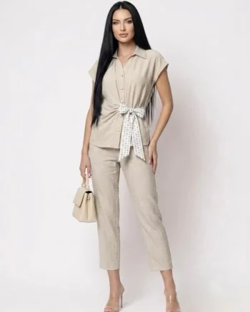 Compleu dama format din doua piese pantaloni vaporosi si camasa cu design deosebit