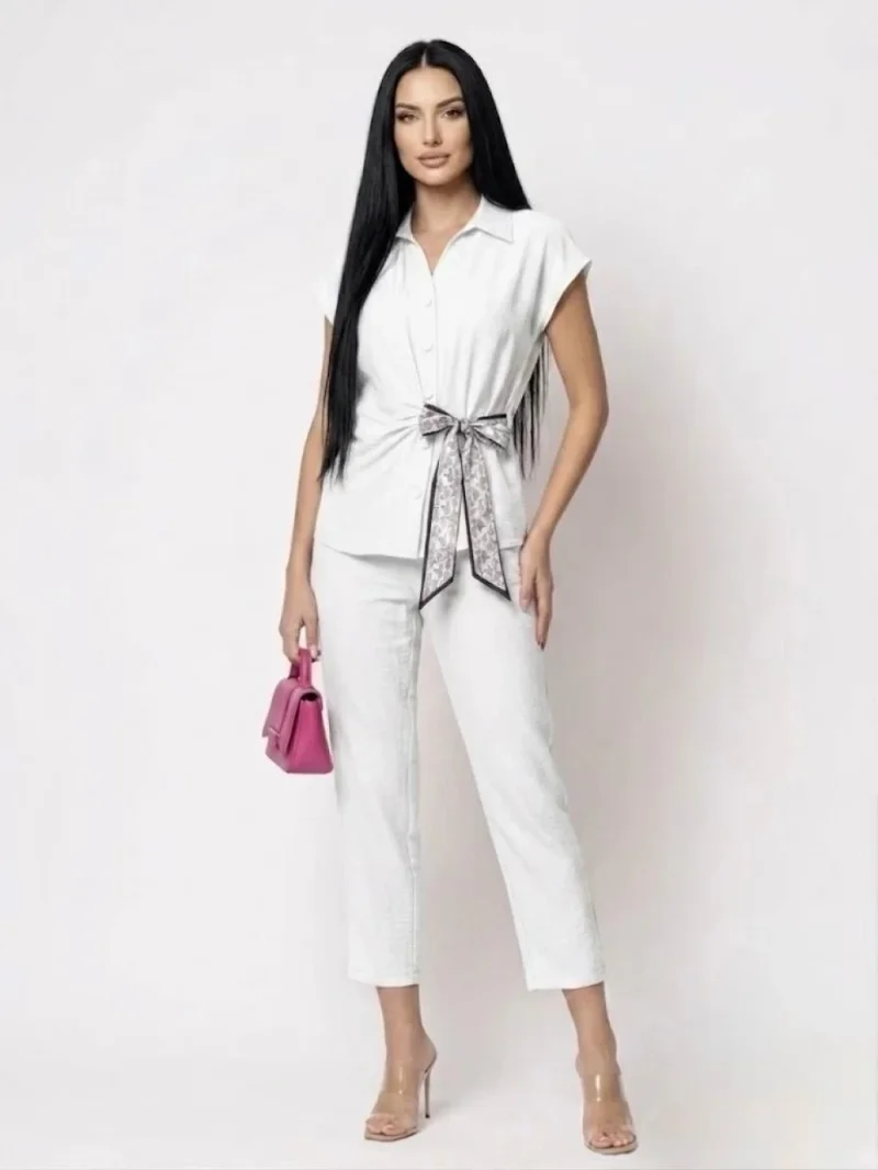 Compleu dama format din doua piese pantaloni vaporosi si camasa cu design deosebit