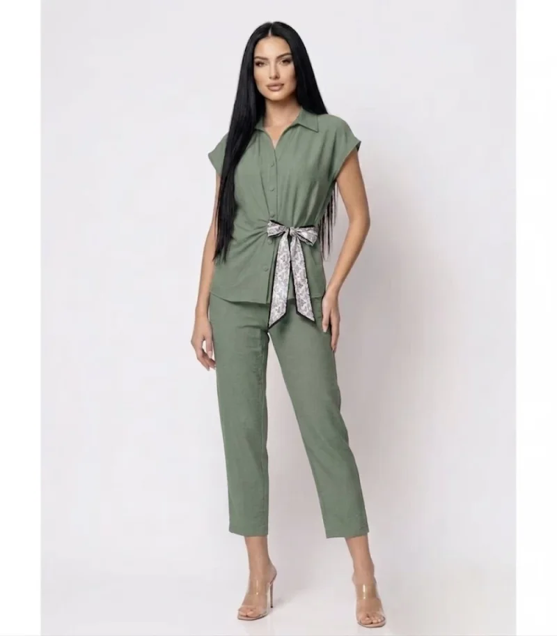 Compleu dama format din doua piese pantaloni vaporosi si camasa cu design deosebit