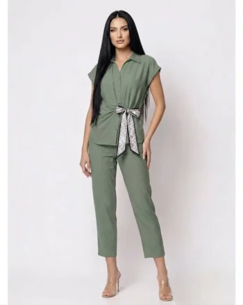 Compleu dama format din doua piese pantaloni vaporosi si camasa cu design deosebit