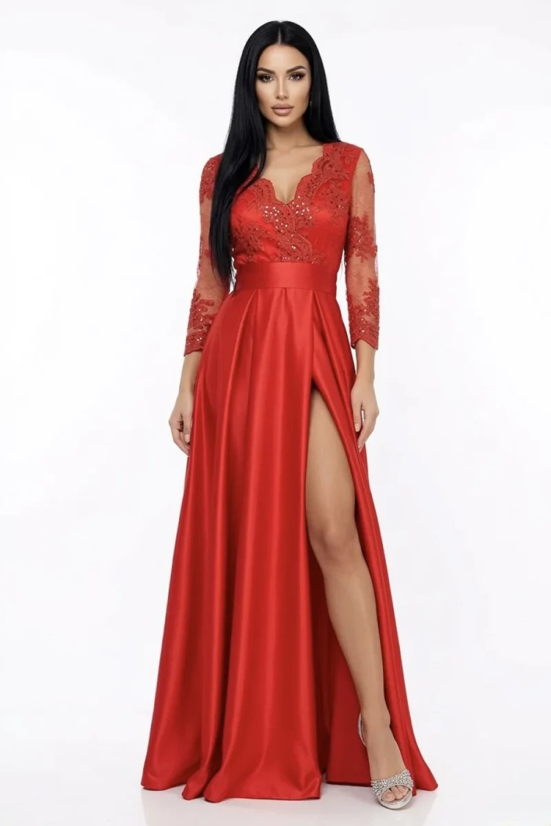 Rochie lunga de ocazie de culoare rosie din tafta cu broderie in partea superioara