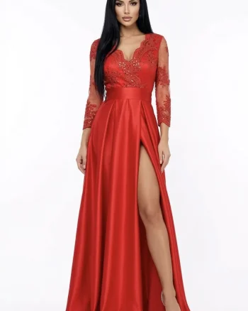 Rochie lunga de ocazie de culoare rosie din tafta cu broderie in partea superioara