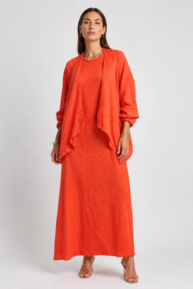 Cardigan din in cu croi fluid si maneci bufante, rosu tangerine