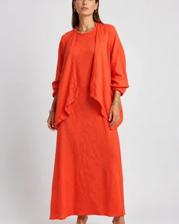 Cardigan din in cu croi fluid si maneci bufante, rosu tangerine