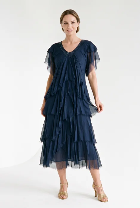 Rochie lunga din matase cu volane suprapuse asimetrice si paiete fine la decolteu, bleumarin