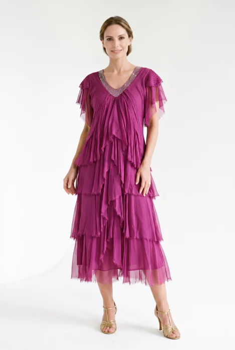 Rochie lunga din matase cu volane suprapuse asimetrice si paiete fine la decolteu, magenta