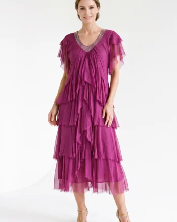 Rochie lunga din matase cu volane suprapuse asimetrice si paiete fine la decolteu, magenta