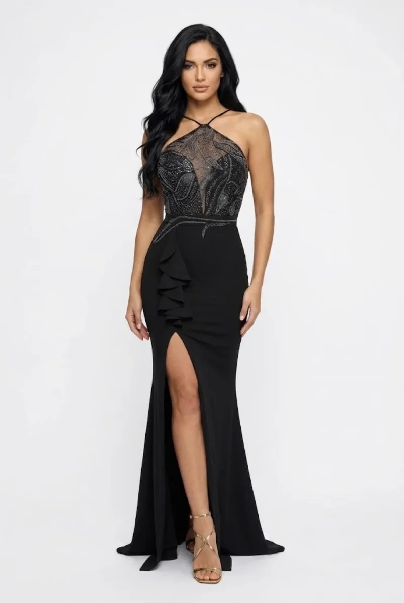 Rochie luga cu slit pe picior decorata cu dantela