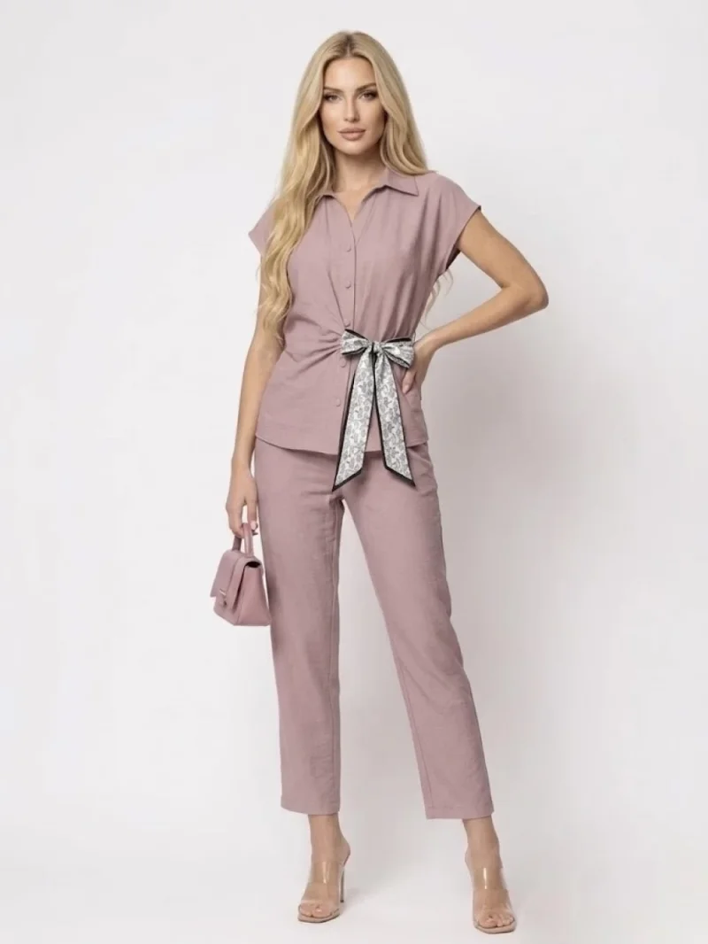 Compleu dama format din doua piese pantaloni vaporosi si camasa cu design deosebit
