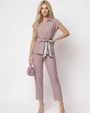 Compleu dama format din doua piese pantaloni vaporosi si camasa cu design deosebit