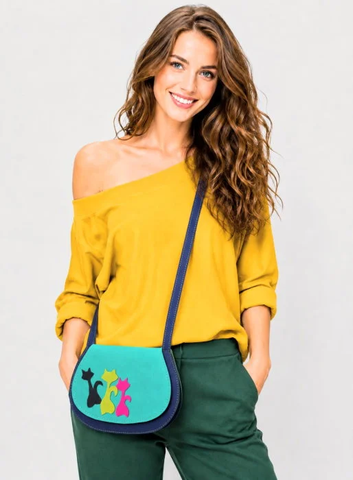 Geanta crossbody handmade, cu pisicute colorate  ,din piele naturala