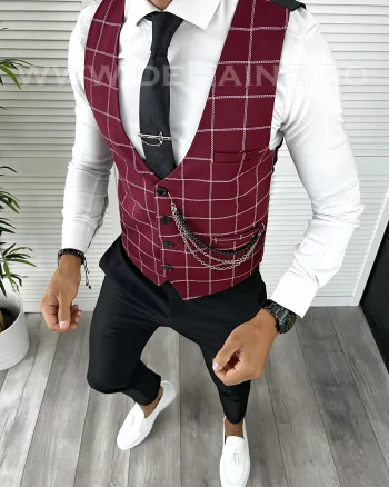 Vesta barbati eleganta slim fit grena in carouri V5  O3-4.3