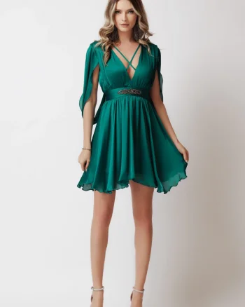Rochie din voal verde accesorizata cu pietre stras la talie