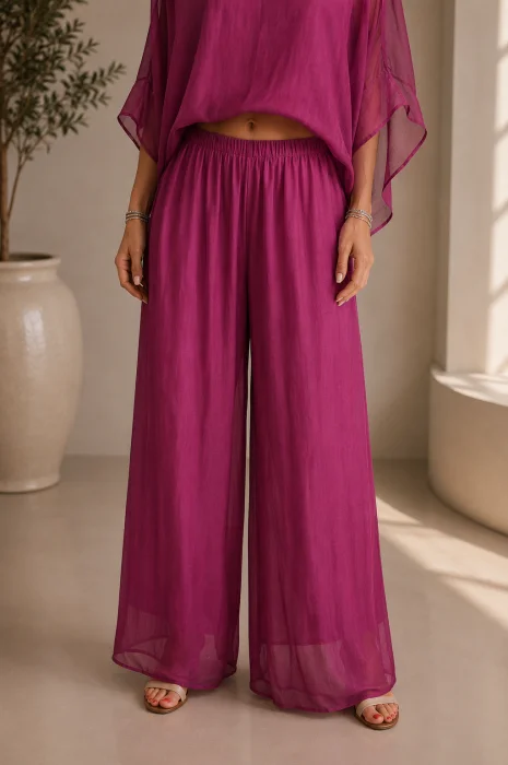 Pantaloni dama eleganti, largi, din matase si vascoza cu dublura, magenta usor prespalata