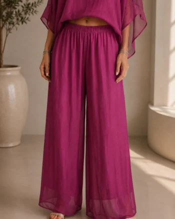 Pantaloni dama eleganti, largi, din matase si vascoza cu dublura, magenta usor prespalata