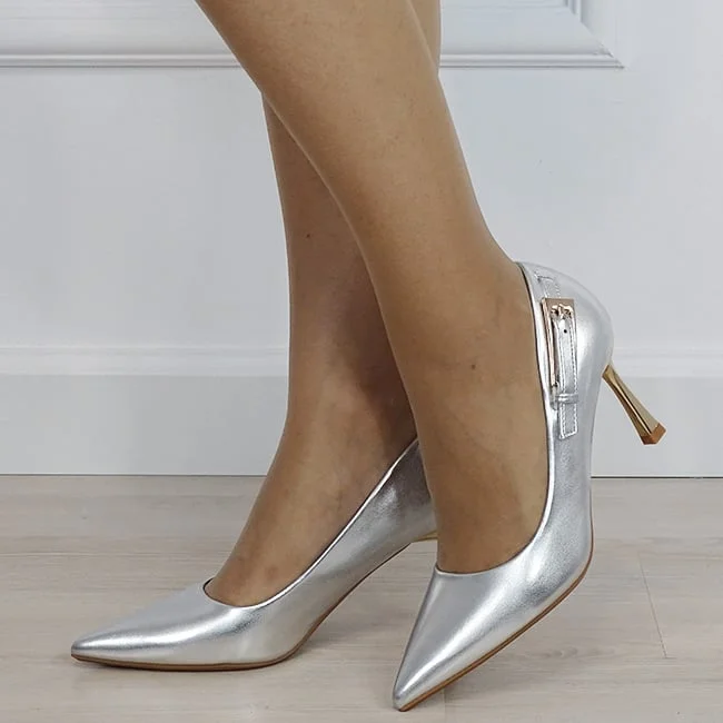 Pantofi eleganti argintii cu toc si brosa aurie D-1273  02