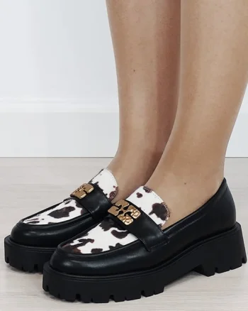 Mocasini negri tip loafers cu imprimeu vacuta texturat 1889 04