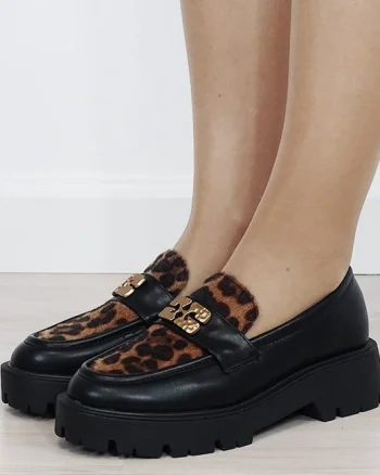 Mocasini negri tip loafers cu imprimeu leopard texturat 1889 04