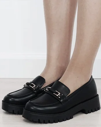 Mocasini dama negri tip loafers cu catarama aurie 2870 04