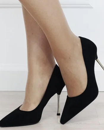 Pantofi eleganti stiletto negri cu toc auriu 6202 03