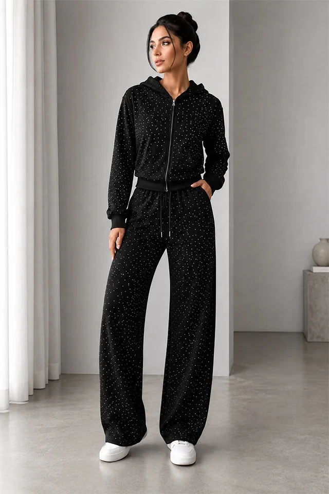 Trening dama ALESANDRA, cu fermoar si cristale decorative, NEGRU