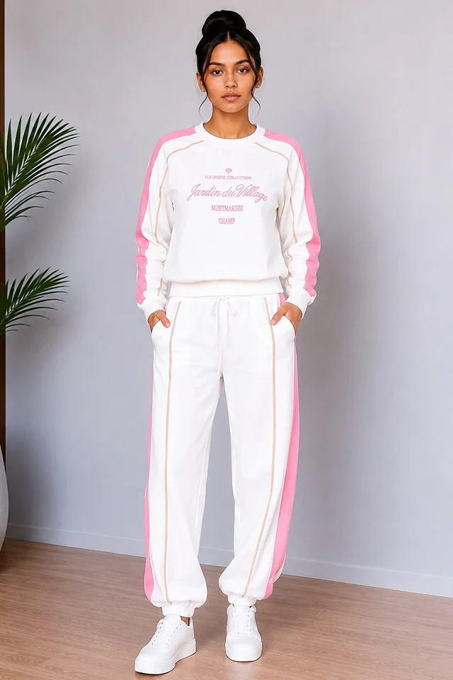 Compleu dama JARDIN, cu logo si print bicolor, ALB