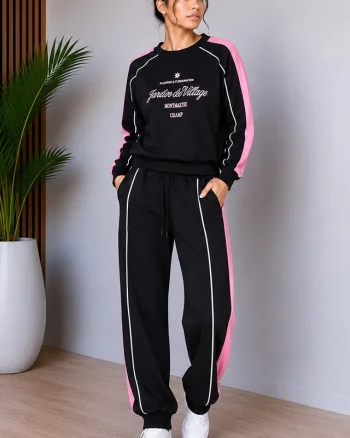 Compleu dama JARDIN, cu logo si print bicolor, NEGRU
