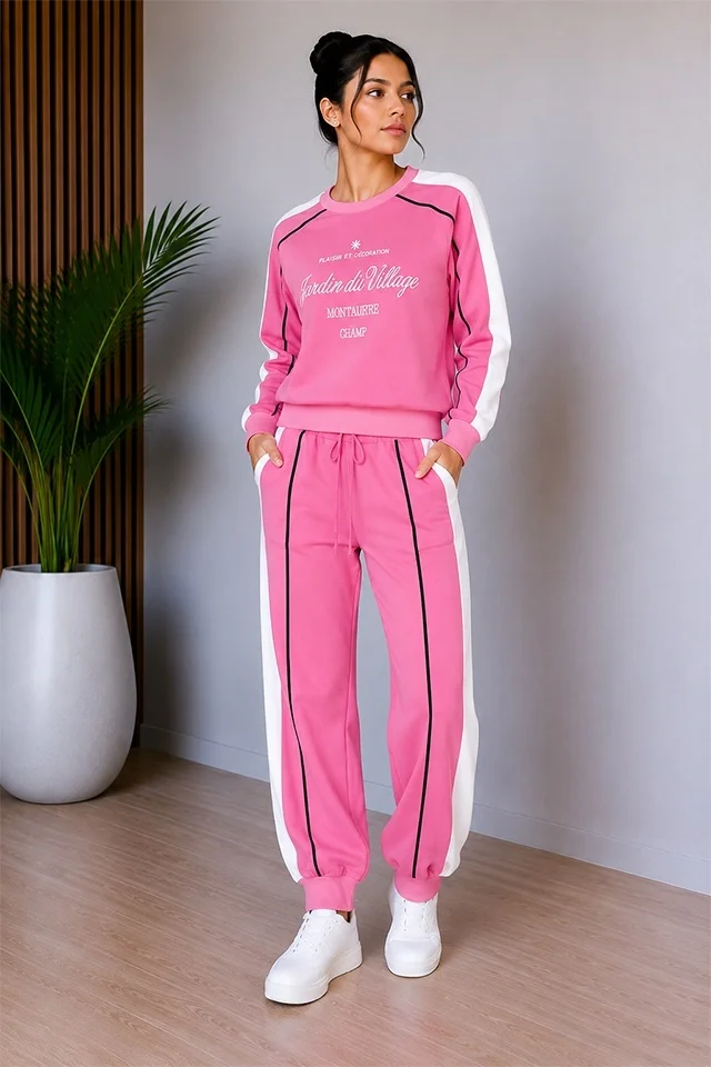 Compleu dama JARDIN, cu logo si print bicolor, Roz