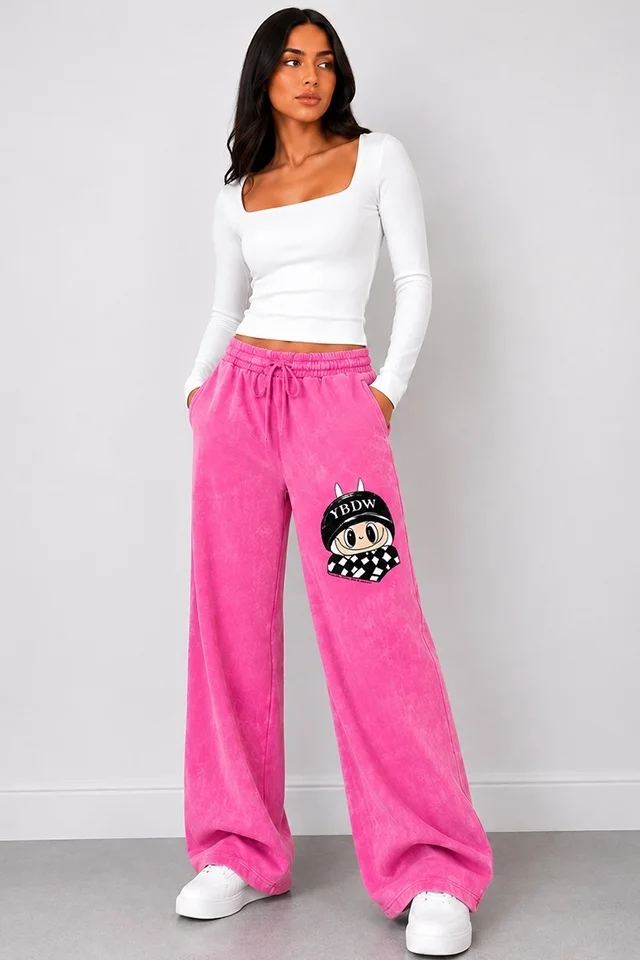 Pantaloni lungi catifelati Valentinea, cu imprimeu si banda elastica, ROZ