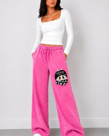 Pantaloni lungi catifelati Valentinea, cu imprimeu si banda elastica, ROZ