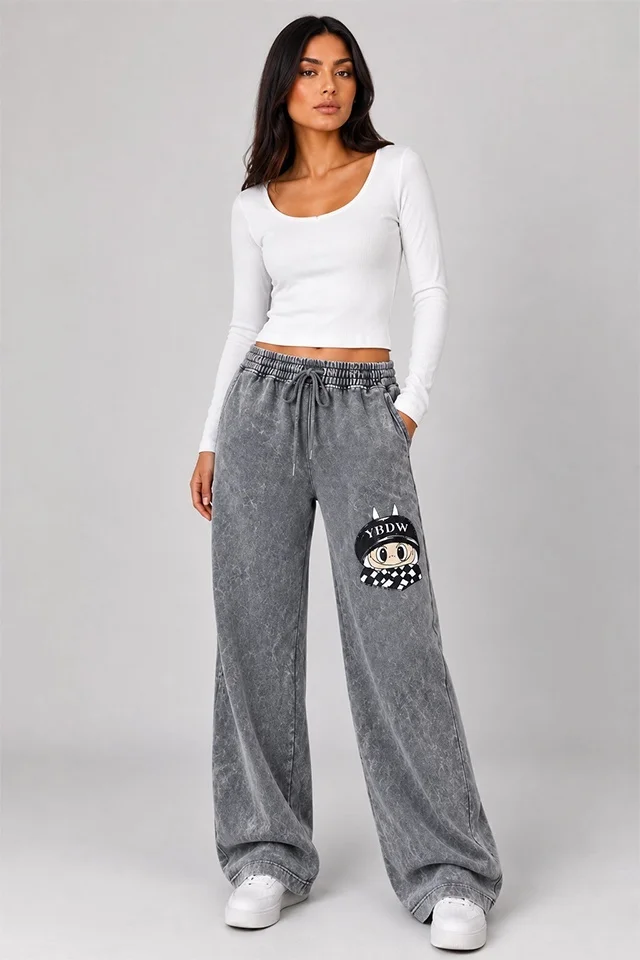 Pantaloni lungi catifelati Valentinea, cu imprimeu si banda elastica, Gri
