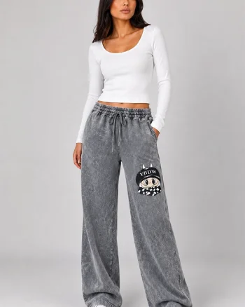 Pantaloni lungi catifelati Valentinea, cu imprimeu si banda elastica, Gri