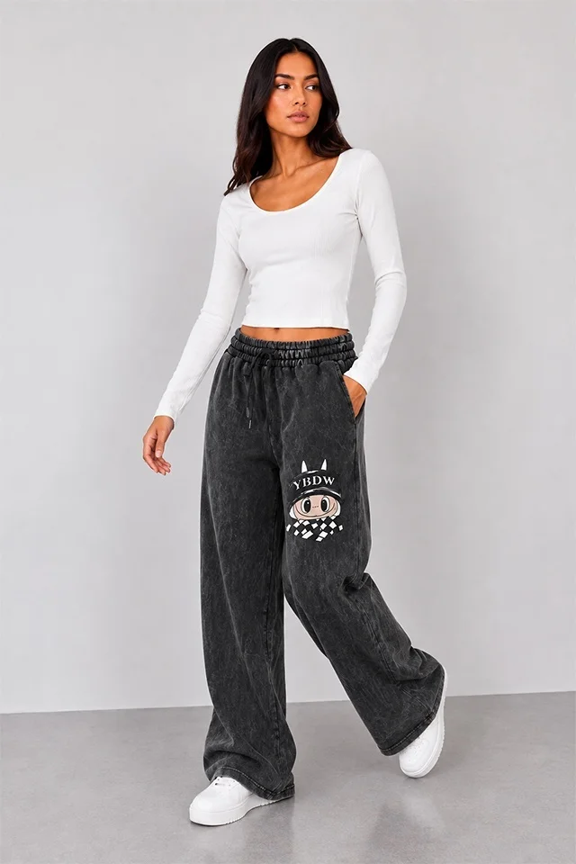Pantaloni lungi catifelati Valentinea, cu imprimeu si banda elastica, Negru