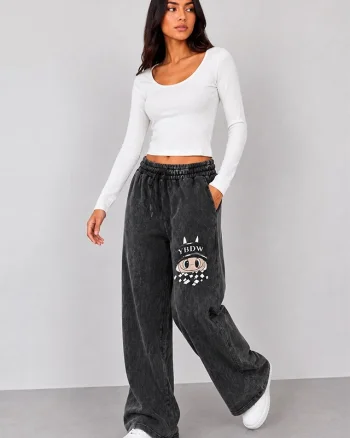Pantaloni lungi catifelati Valentinea, cu imprimeu si banda elastica, Negru