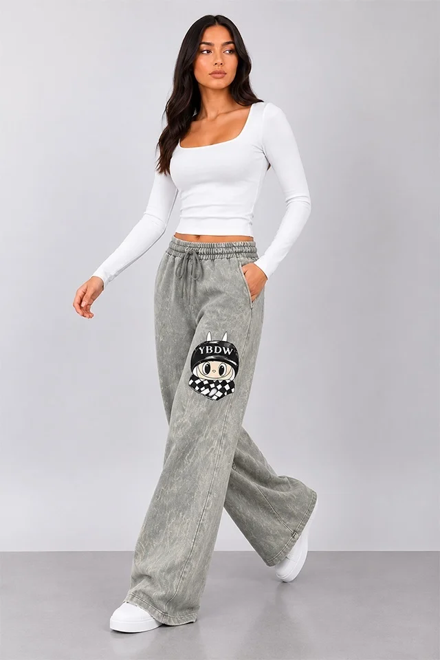 Pantaloni lungi catifelati Valentinea, cu imprimeu si banda elastica, Gri deschis