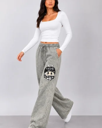 Pantaloni lungi catifelati Valentinea, cu imprimeu si banda elastica, Gri deschis