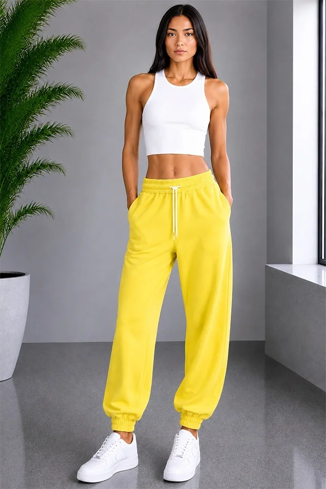 Pantaloni sport Lorenza, cu snur si mansete elastice, Galben