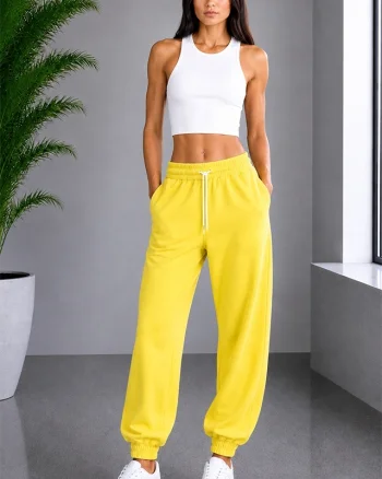 Pantaloni sport Lorenza, cu snur si mansete elastice, Galben