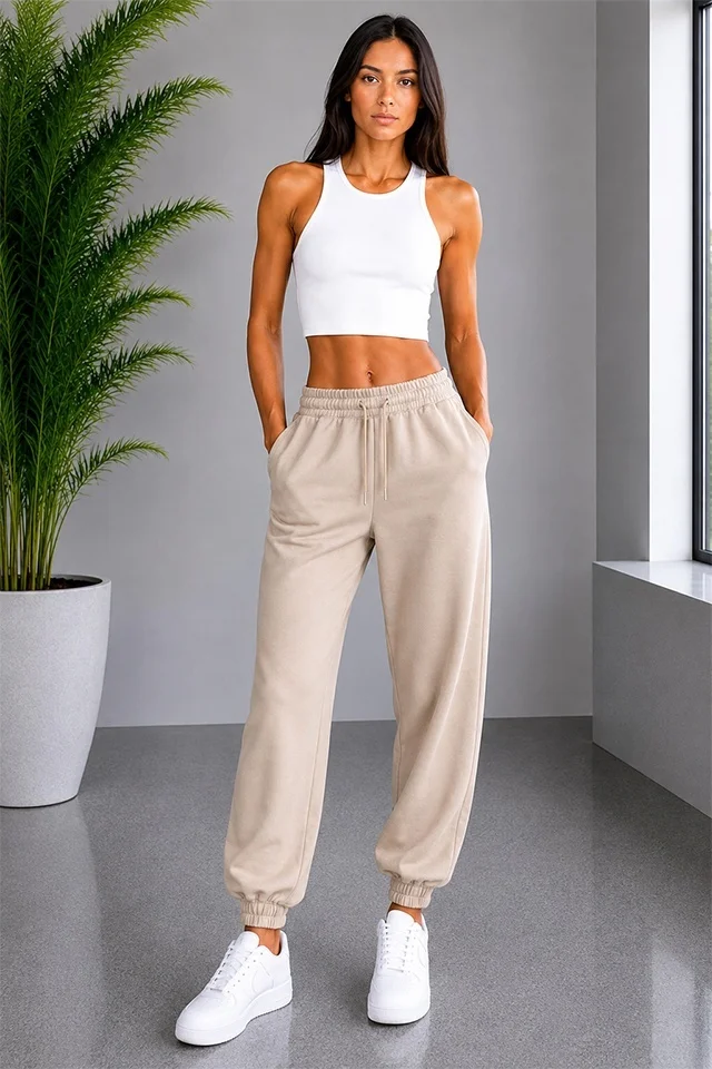 Pantaloni sport Lorenza, cu snur si mansete elastice, Crem