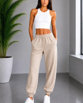 Pantaloni sport Lorenza, cu snur si mansete elastice, Crem