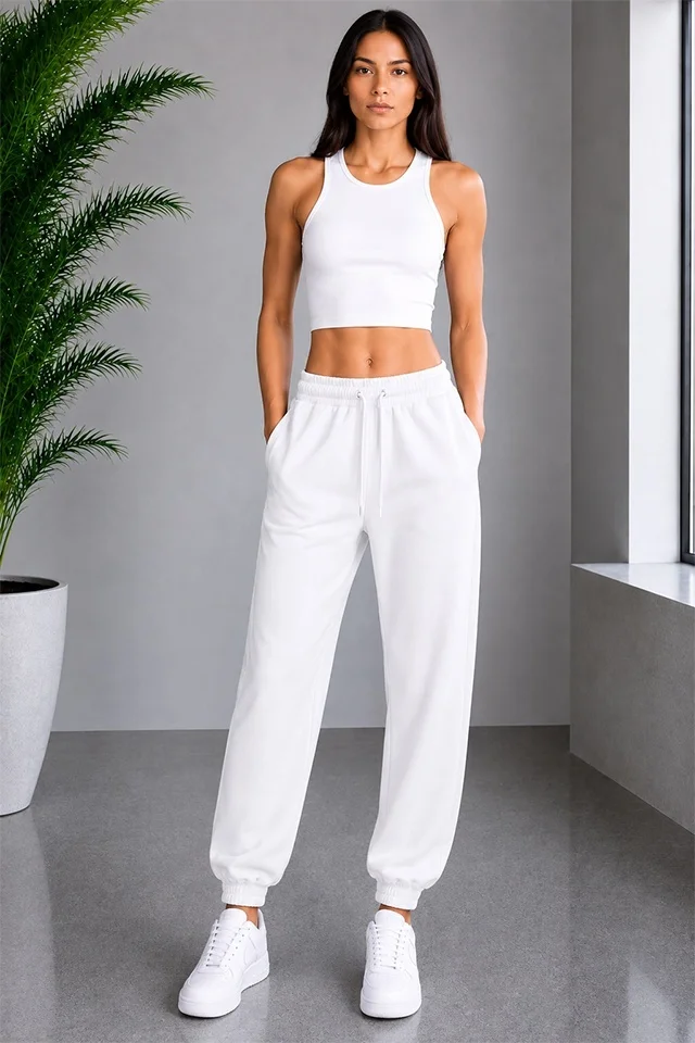 Pantaloni sport Lorenza, cu snur si mansete elastice, Alb