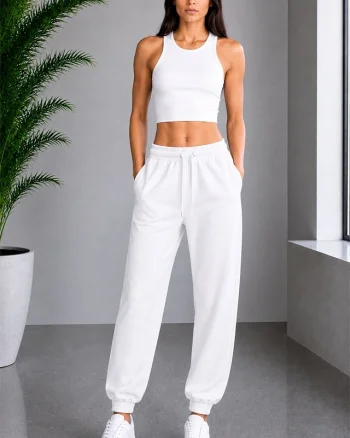 Pantaloni sport Lorenza, cu snur si mansete elastice, Alb