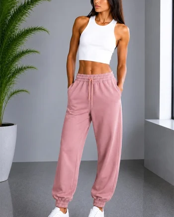 Pantaloni sport Lorenza, cu snur si mansete elastice, Roz