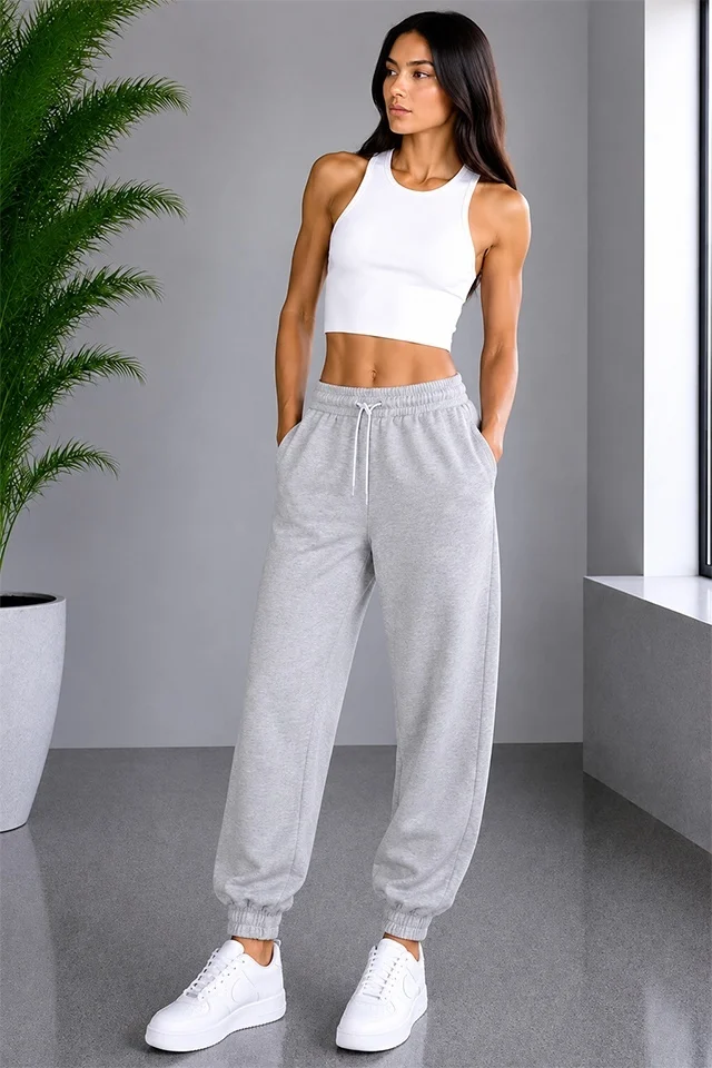 Pantaloni sport Lorenza, cu snur si mansete elastice, Gri