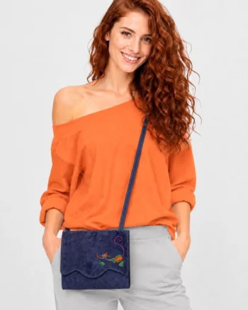 Geanta bleumarin handmade  cu pisicuta multicolora pictata ,din piele naturala intoarsa