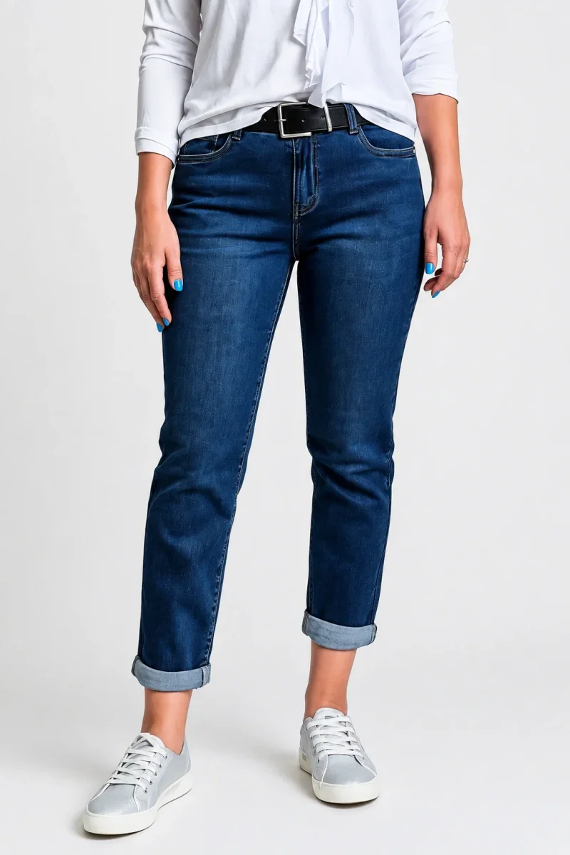 Blugi dama slim fit cu talie medie si aspect prespalat - albastru